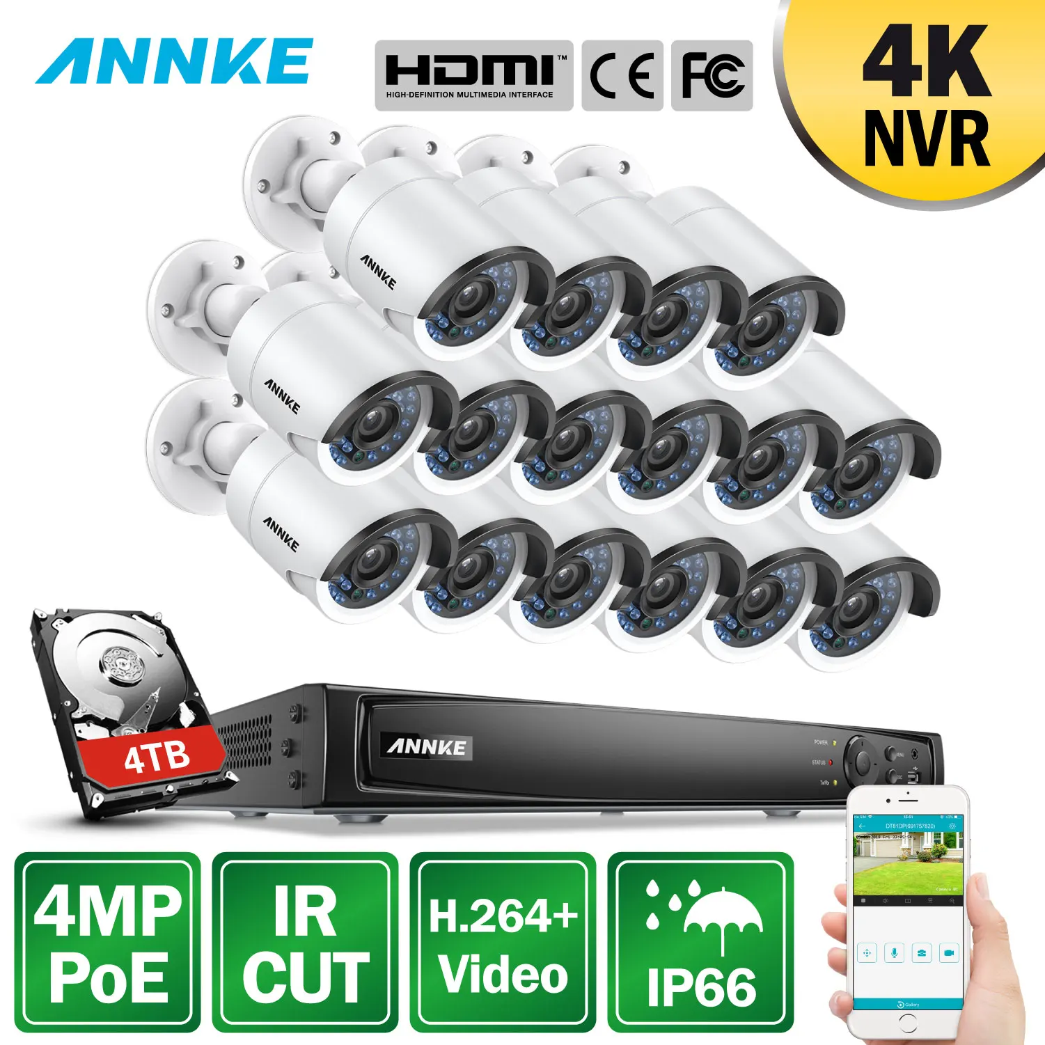 

ANNKE 16CH 8MP POE Video Security System With 16pcs 4mm 4MP 2688x1520P Weatherproof Night Vision Cameras P2P Onvif WDR NVR Kit