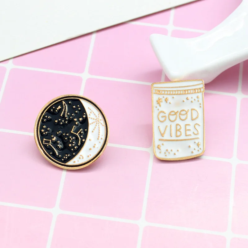 Cartoon Constellation Moon GOOD VIBES Bottle Brooch White Black Enamel Pins Button Coat Jacket Collar Pin Badge Jewelry Gift
Cartoon Constellation Moon GOOD VIBES Bottle Brooch White Black Enamel Pins Button Coat Jacket Collar Pin Badge Jewelry Gift