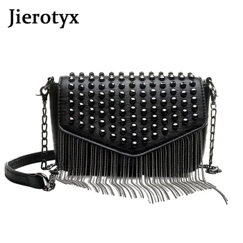 

JIEROTYX Fashion Tassel Diamonds Brand Design Mini Chain Shoulder Bag Crossbody Black Leather Rivets Female Bolsa Sac A Main