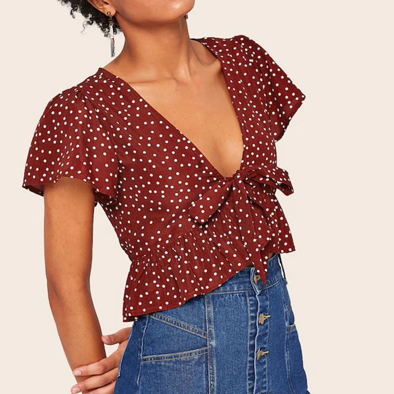 New 2019 Ladies Women's Bandage Dots Deep V Casual Short Sleeve Shirt Crop Top Blouse
New 2019 Ladies Women's Bandage Dots Deep V Casual Short Sleeve Shirt Crop Top Blouse