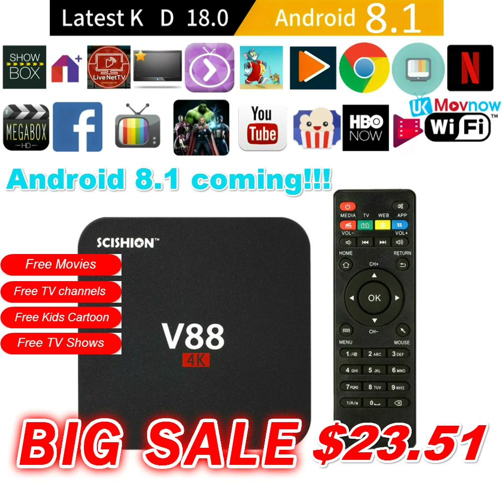 SCISHION V88 Android ТВ коробка последняя KD 18 0 ОС 8 1 ГБ Оперативная память RK3229 4 ядра 1080 P Wi Fi