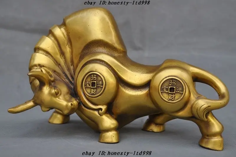 8" Chinese Fengshui Brass Wealth Money Stock Market Wall Street Oxen Bull Statue | Дом и сад
