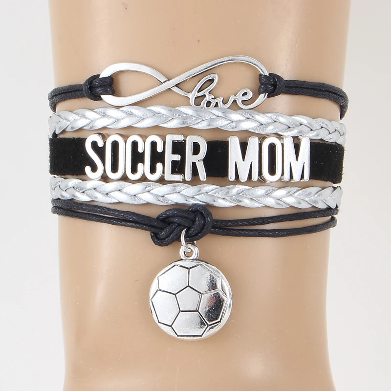Фото (10PCS/LOT) Soccer charm infinity love Mom bracelets & Bangles handmade leather wristband gift for men women jewelry | Украшения и
