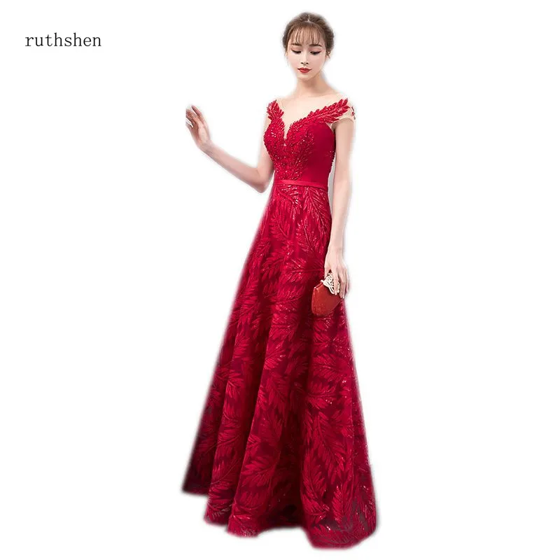 ruthshen Long Prom Dresses 2018 Burgundy Sequins Cap Sleeves A-line Gowns For Women New Arrival Vestidos De Fiesta | Свадьбы и