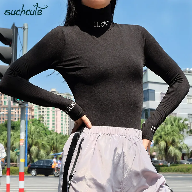 

SUCHCUTE Overalls Body For Women Turtleneck Jumpsuit Long Sleeve Casual 2019 Korean Style Splicing Bodysuit Combinaison Femme