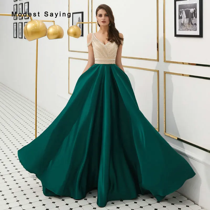 Luxury Shiny Deep Green and Champagne Beaded Evening Dresses 2019 with Crystal Sexy V Back Party Prom Gowns robe de soiree | Свадьбы и