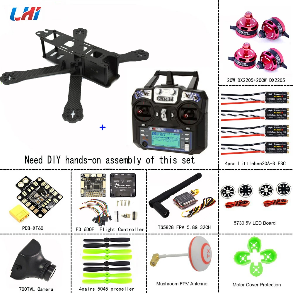 

LHI RC drone frames 220 Quadcopter Full Carbon Frame Kit+DX2205 2300KV Brushless Motor+ Littlebee 20A Mini ESC+5045 propellers