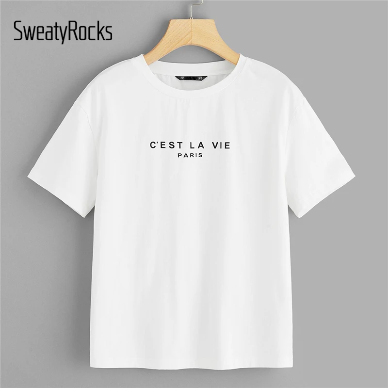 

SweatyRocks Summer T-Shirts For Women Short Sleeve Letter Print Tee 2019 Casual Ladies Tops Slogan White Black Yellow Tee shirt