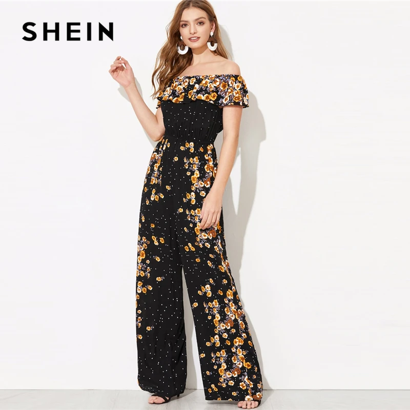 

SHEIN Black Flounce Foldover Wide Leg Floral Bardot Jumpsuit Spring Women Solid Off the Shoulder Glamorous Maxi Jumpsuits