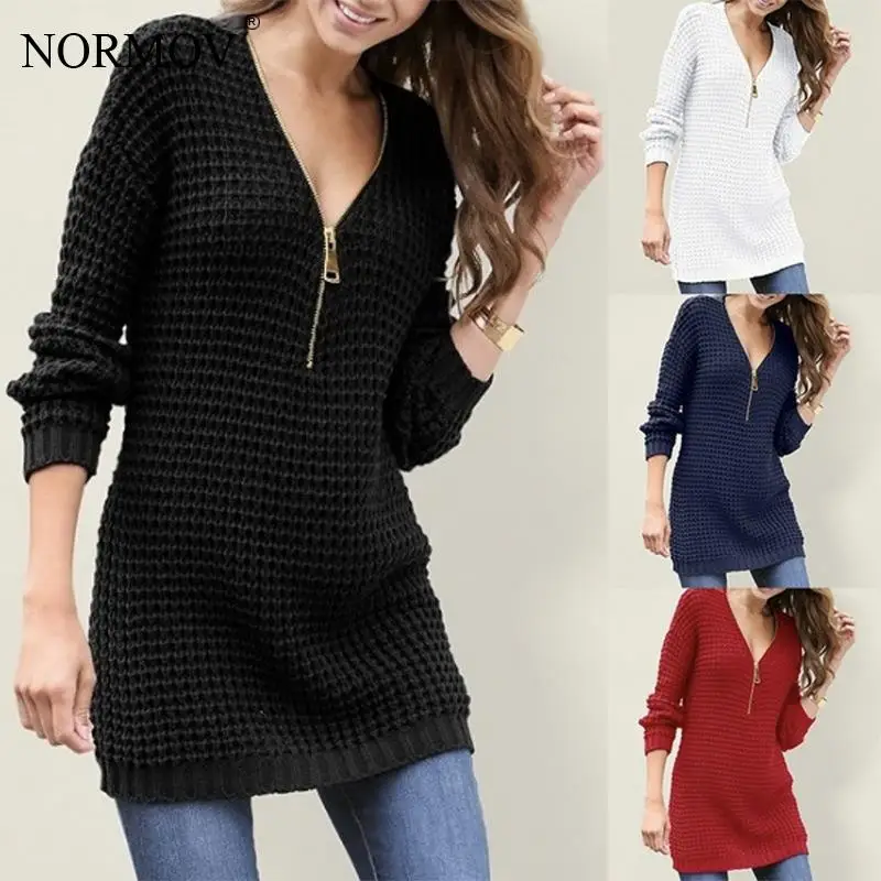 NORMOV Sexy V-neck Sweater Women Medium Long Zipper Sweater Solid Color Leisure Sweater Women Winter 2019 Sweater Dress
NORMOV Sexy V-neck Sweater Women Medium Long Zipper Sweater Solid Color Leisure Sweater Women Winter 2019 Sweater Dress