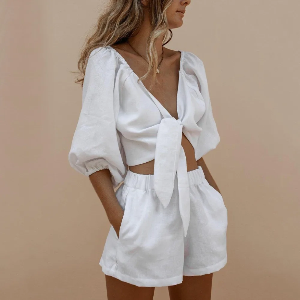 Women Set Fashion Casual Solid Shorts Middle Sleeve Bandage Blouse Shorts Sports Set ladies summer two piece sets T#
Women Set Fashion Casual Solid Shorts Middle Sleeve Bandage Blouse Shorts Sports Set ladies summer two piece sets T#