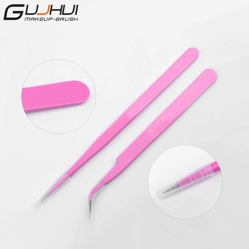 

GUJHUI 2PCS Pink Straight & Curved Tweezer For Eyelash Extensions Nail Art Nippers Stainless Steel Tweezers For Nail Art Tool