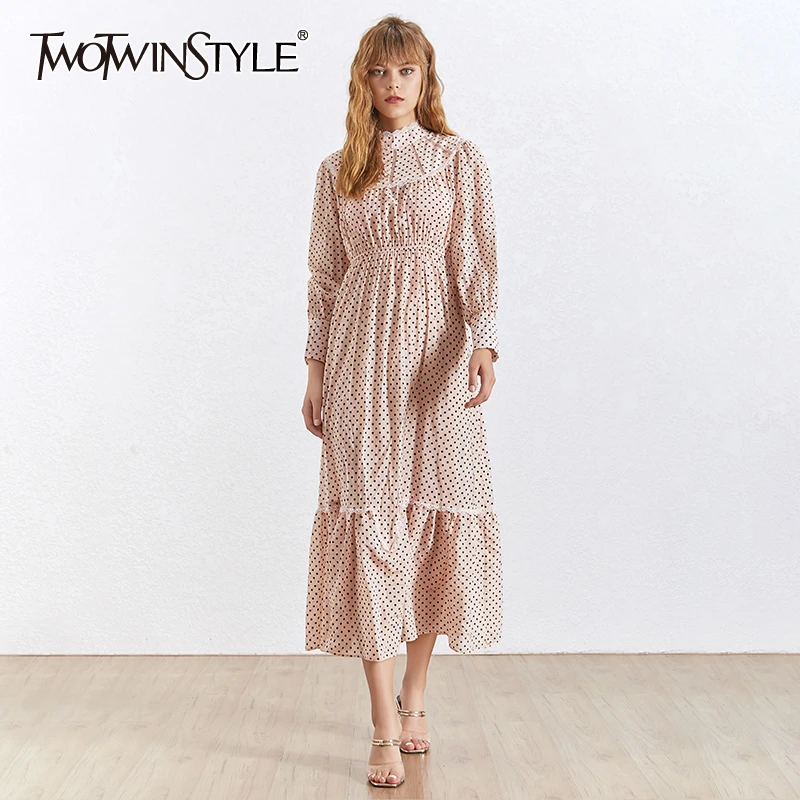 TWOTWINSTYLE Polka Dot Dress For Women Stand Collar Lantern Sleeve High Waist Lace Patchwork Elegant Dresses Female 2019 New
TWOTWINSTYLE Polka Dot Dress For Women Stand Collar Lantern Sleeve High Waist Lace Patchwork Elegant Dresses Female 2019 New