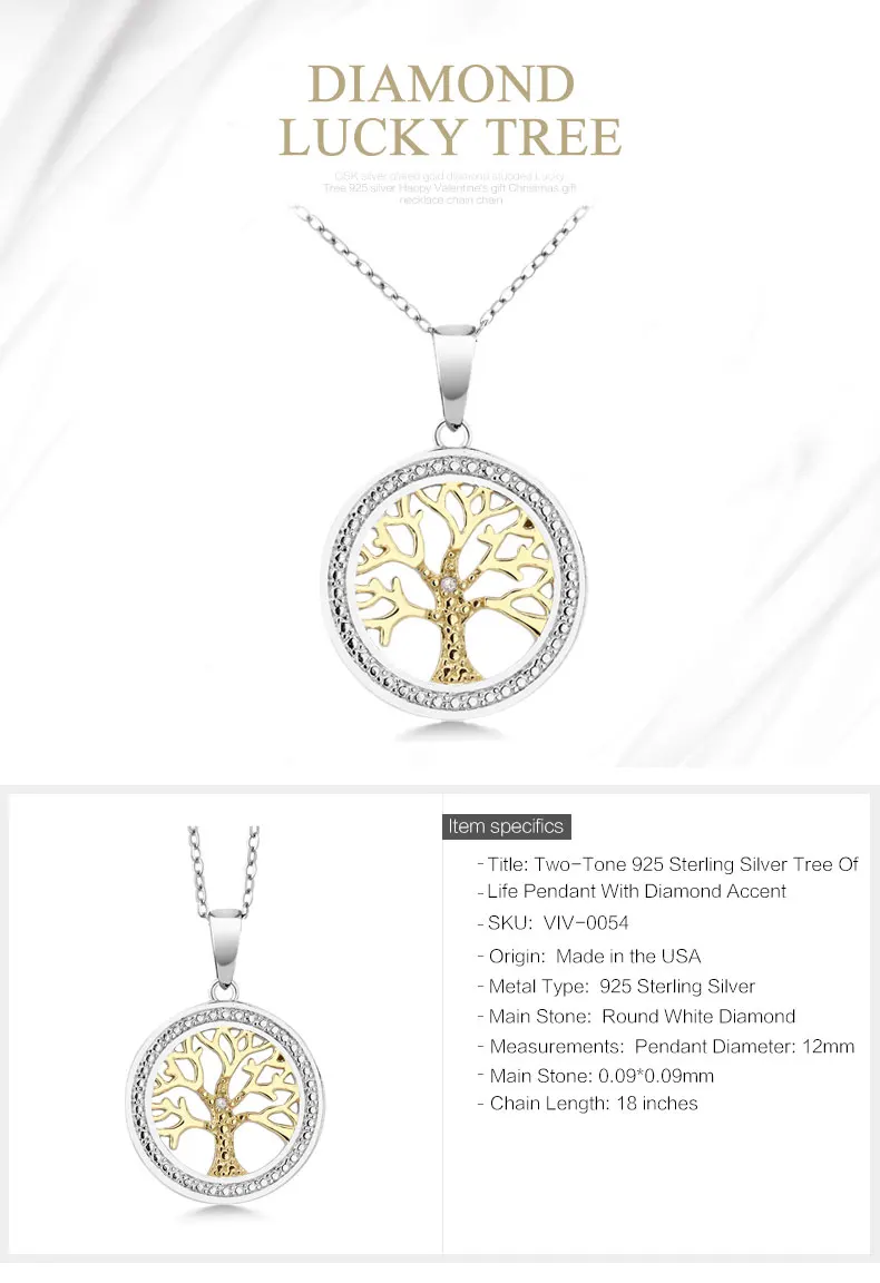 Two-Tone 925 Sterling Silver Tree Of Life Pendant With Diamond Accent