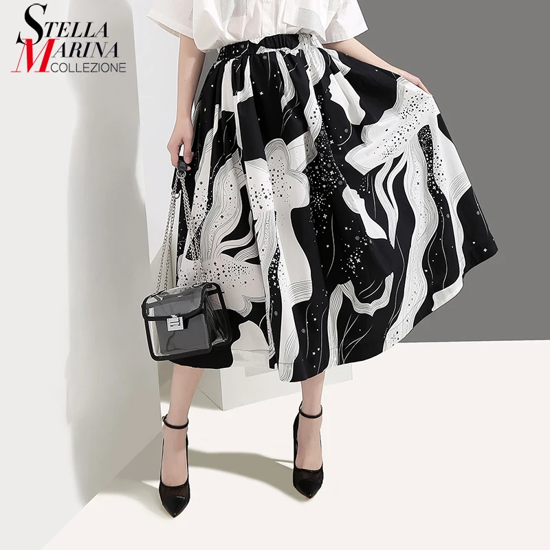 

2019 Korean Style Women Black A-Line Skirt Elastic Waist Geometrical Dots Printed Ladies Stylish Casual Skirt Street Wear 4963
