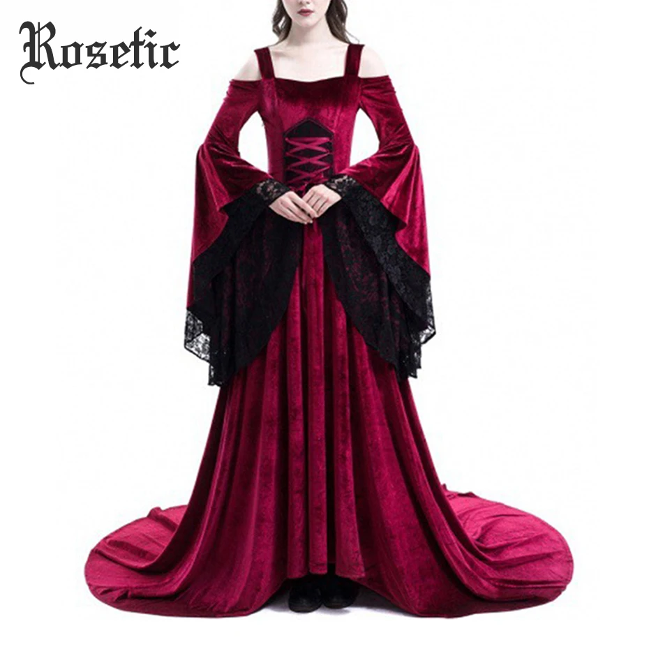 

Rosetic Long Maxi Dress Renaissance Bandage Medieval Gown Elegant Goth Lace Flare Sleeve Slash Neck Retro Plus Size Female Dress