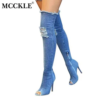 MCCKLE Female Ripped Peep Toe Tight Slim Denim Zip Elastic High Heel Over The Knee Boots 2017 Women's Fashion Style Black Shoes
MCCKLE Female Ripped Peep Toe Tight Slim Denim Zip Elastic High Heel Over The Knee Boots 2017 Women's Fashion Style Black Shoes