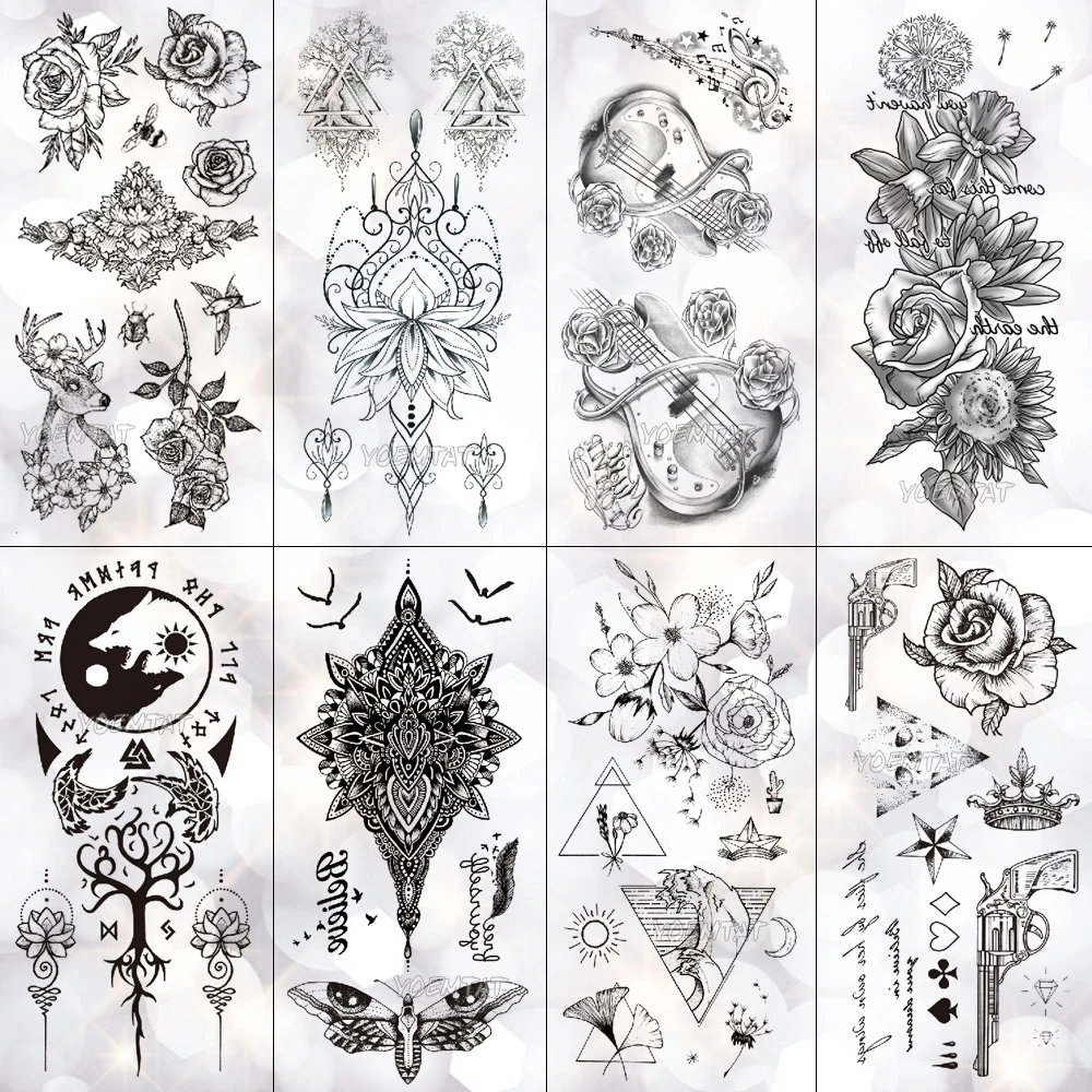 Minimal Line Rose Cornflower Waterproof Temporary Tattoo Sticker Totem Cello Flash Tattoos Body Art Fake Arm tatoo Women | Красота и