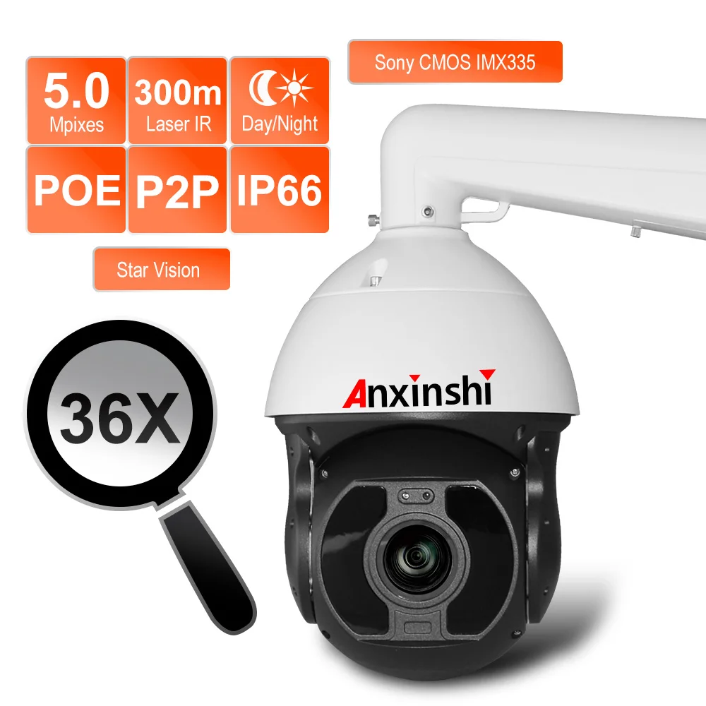 H.265 High Speed PTZ IP Camera POE 5MP IR LASER LED 300M Night Verison Low Illumination 30X/36X Optical Zoom Security CCTV Cam
H.265 High Speed PTZ IP Camera POE 5MP IR LASER LED 300M Night Verison Low Illumination 30X/36X Optical Zoom Security CCTV Cam