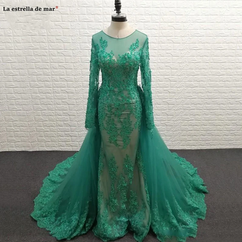 Latest Green Long Sleeve Mermaid Long Evening Dresses Scoop Neck With Detachable Train Formal Evening Gowns Appliques Beaded Pro
Latest Green Long Sleeve Mermaid Long Evening Dresses Scoop Neck With Detachable Train Formal Evening Gowns Appliques Beaded Pro