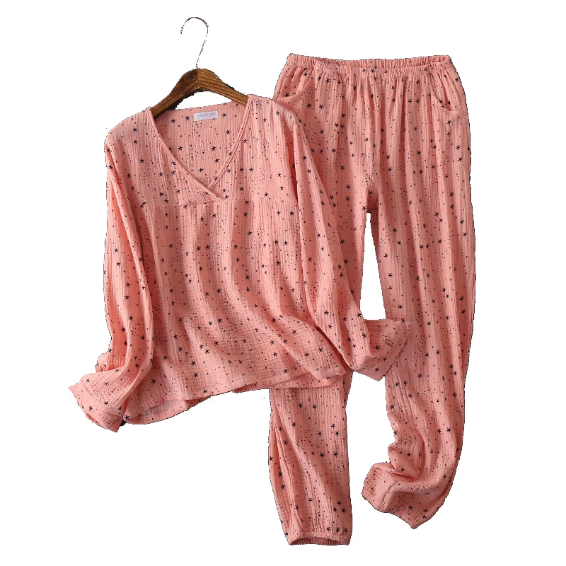 Women's Cotton Crepe Gauze Long-sleeved Pijama V-Neck Pyjamas Women Full Length Pajamas Loungewear Sleepwear Pink Home Clothes
Women's Cotton Crepe Gauze Long-sleeved Pijama V-Neck Pyjamas Women Full Length Pajamas Loungewear Sleepwear Pink Home Clothes
