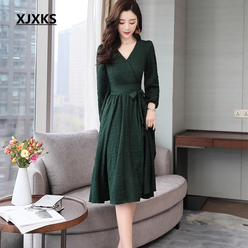 XJXKS New Women Dress Spring Solid 2019 Modis Long Sleeve Elegant V-neck Party Dress Waist Vestidos Women Dresses
XJXKS New Women Dress Spring Solid 2019 Modis Long Sleeve Elegant V-neck Party Dress Waist Vestidos Women Dresses