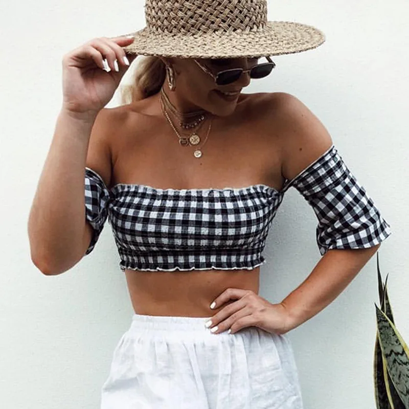 Off Shoulder Plaid Crop Top Elastic Bustier Blusas Sexy Strapless Bandeau Corset Tank Tops Summer Harajuku Cami Beach Bralette
Off Shoulder Plaid Crop Top Elastic Bustier Blusas Sexy Strapless Bandeau Corset Tank Tops Summer Harajuku Cami Beach Bralette