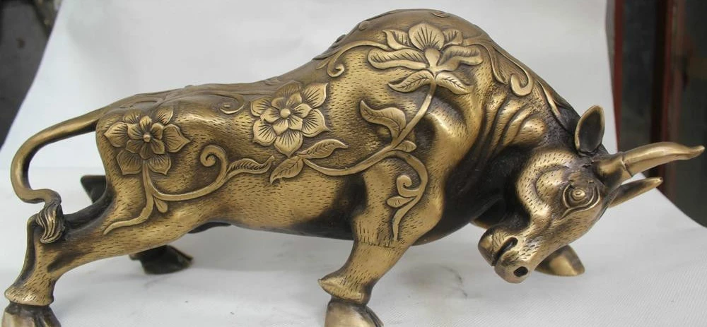 

7" China Chinese Folk Fengshui Bronze Lucky Lifelike flower Ox cow Statue