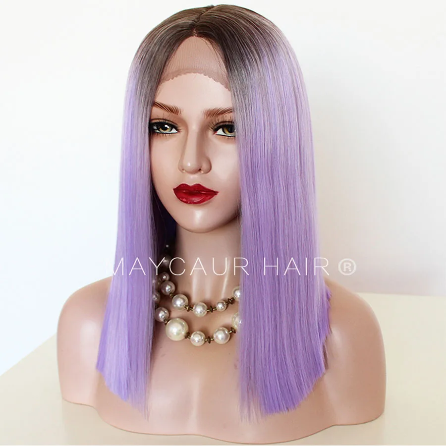 Maycaur Natural Black White Purple Ombre Color Synthetic Lace Front Wigs Short Cut Bob Wig Glueless Straight Hair (3)
