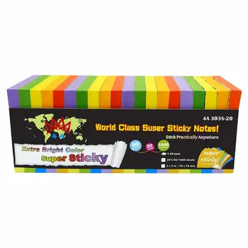 4A Super Sticky Notes,3 x 3 Inches,Extra Bright Colors Assorted,5 Colors,80 Sheets/Pad,20 Pads/Pack,4A 303S-20
4A Super Sticky Notes,3 x 3 Inches,Extra Bright Colors Assorted,5 Colors,80 Sheets/Pad,20 Pads/Pack,4A 303S-20