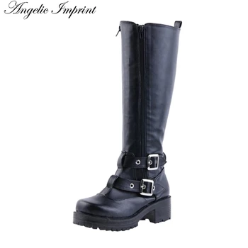 Women Buckle Straps PU Leather Punk Cosplay Riding Boots