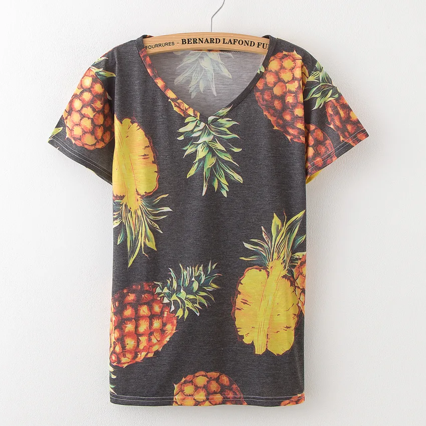 New loose cartoon pineapple short-sleeved printing code T-shirt Harajuku style V-neck women's clothings fashion tops
New loose cartoon pineapple short-sleeved printing code T-shirt Harajuku style V-neck women's clothings fashion tops