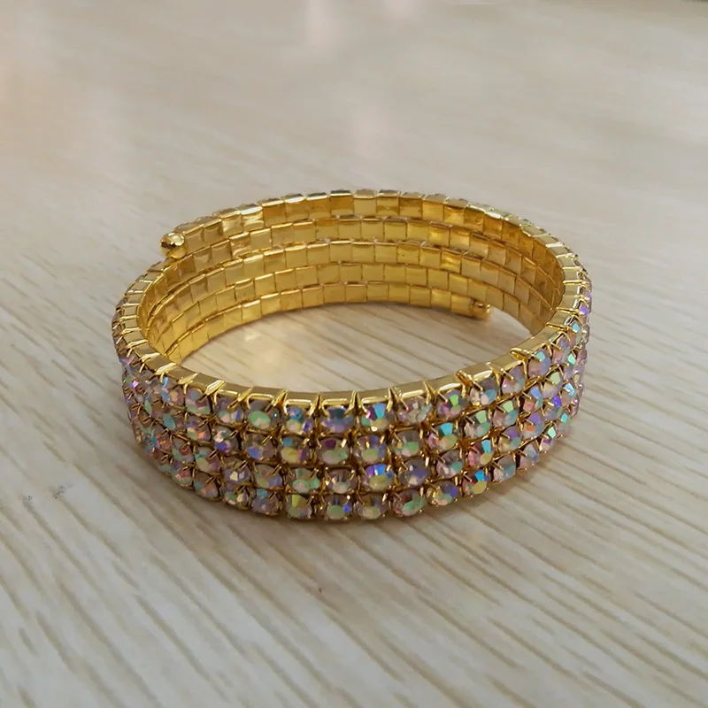 4 Rows AB Crystal Bangle Bracelets Gold-color Spiral Upper Arm Bracelet for Women Iridescent Color Rhinestone Bracelets Bangle (6)