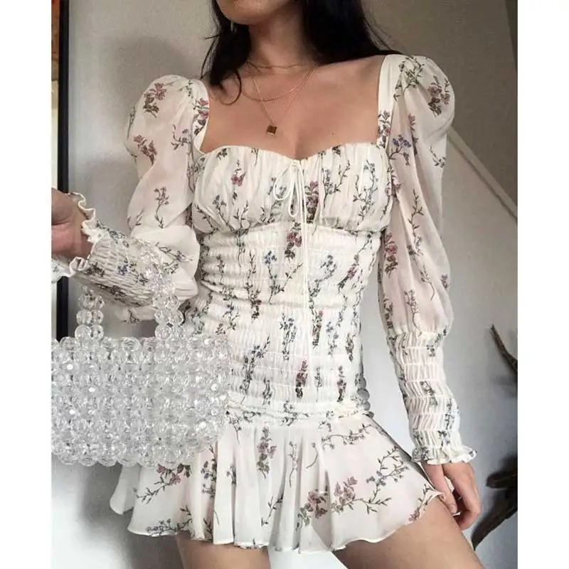 

BOHO INSPIRED floral print summer Dress square neckline tied front slim sexy mini dress for women ruffles hem new 2019 vestidos