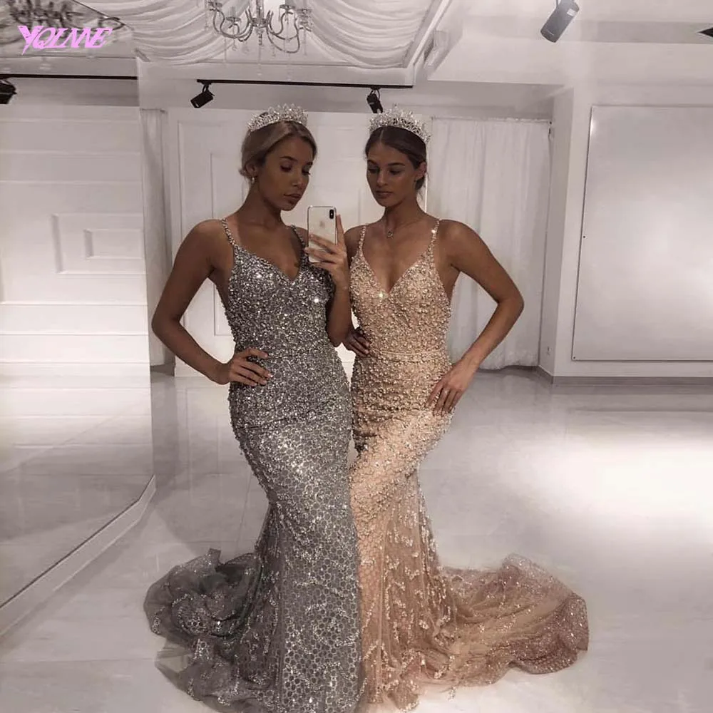 Sparkling Silver Rhinestones Evening Dresses Long Spaghetti Beaded Mermaid Backless Evening Gown YQLNNE
Sparkling Silver Rhinestones Evening Dresses Long Spaghetti Beaded Mermaid Backless Evening Gown YQLNNE