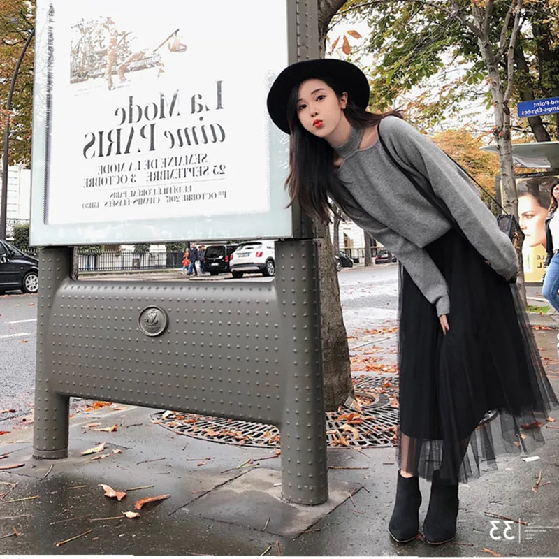 Women winter Knitted Sweater Off Shoulder Long Sleeve Solid Woman Casual Jumpers Pullovers+two piece Mesh Black Skirt Sets
Women winter Knitted Sweater Off Shoulder Long Sleeve Solid Woman Casual Jumpers Pullovers+two piece Mesh Black Skirt Sets