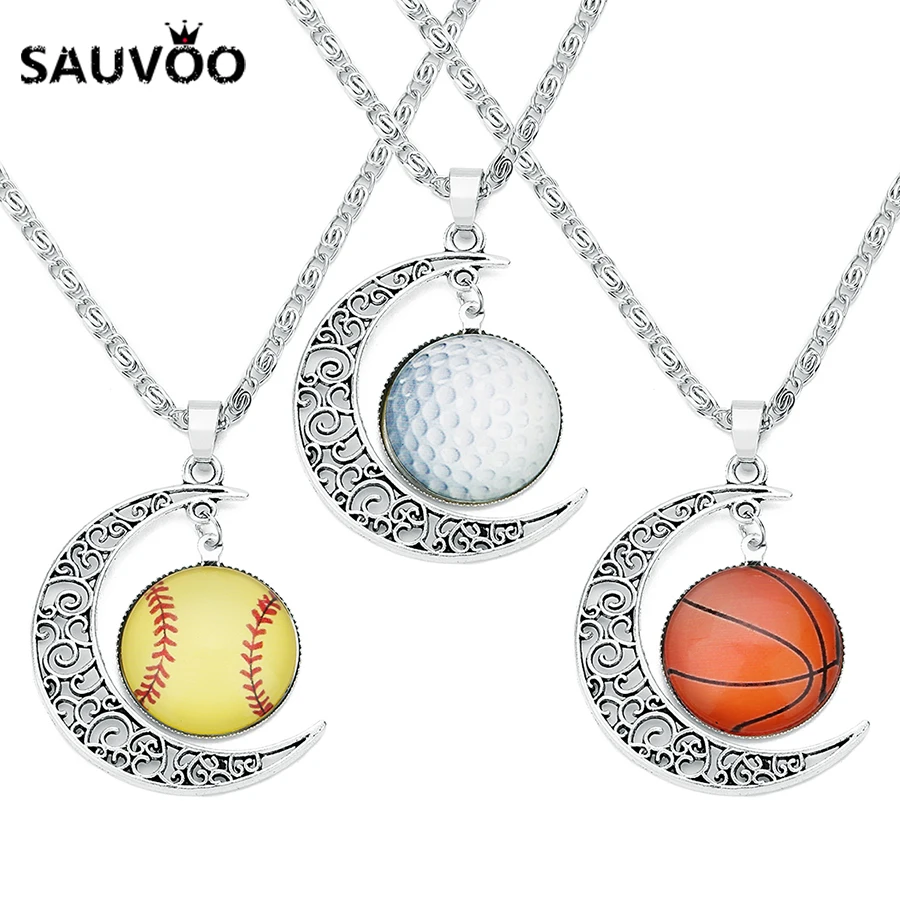 Sauvoo Hot Sport Metal Moon Pendant Necklace Long Chain Necklaces Football Basketball Pendants Collier for Women Men Jewelry | Украшения и