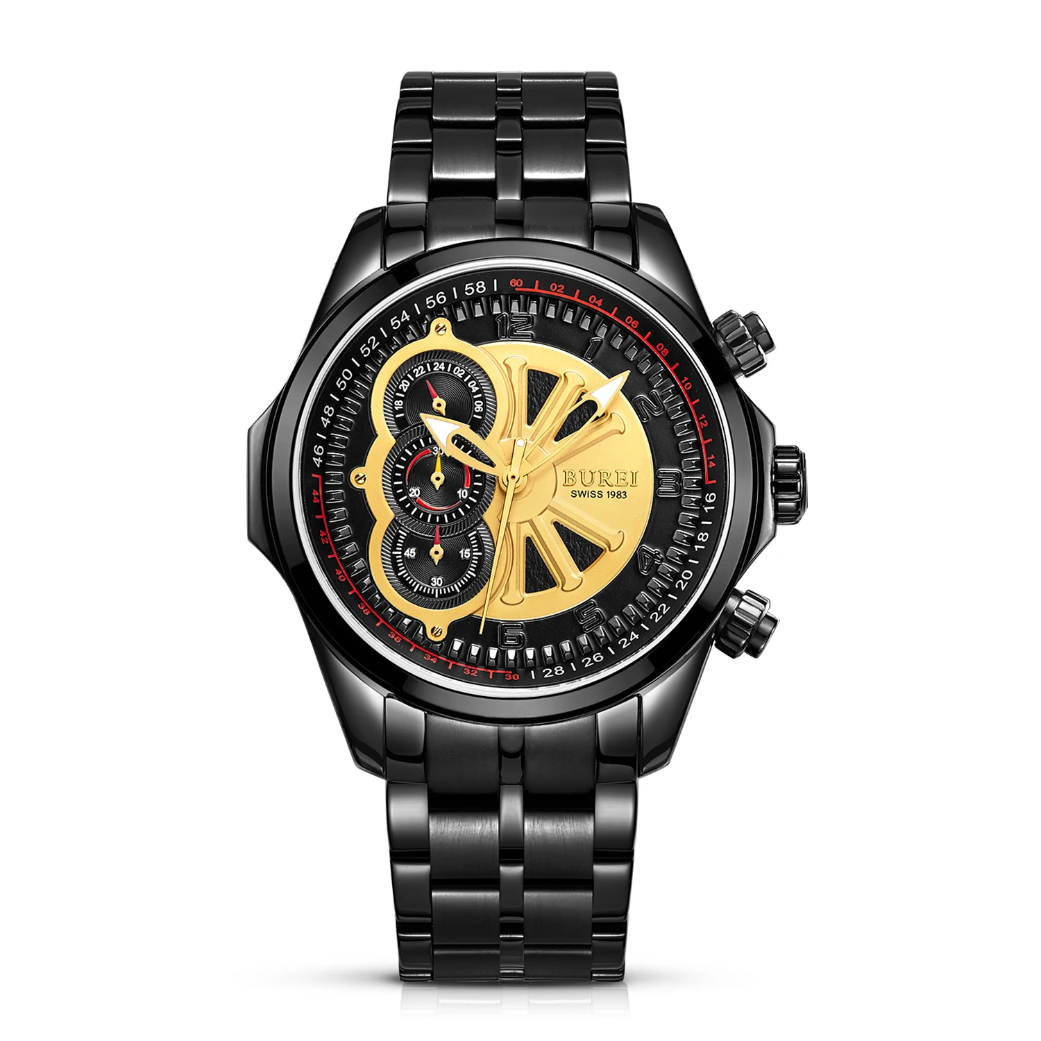 

BUREI 17002 Switzerland watches men luxury brand Men's Chronograph Stainless Steel Watch with Black Bracelet and Black Dial