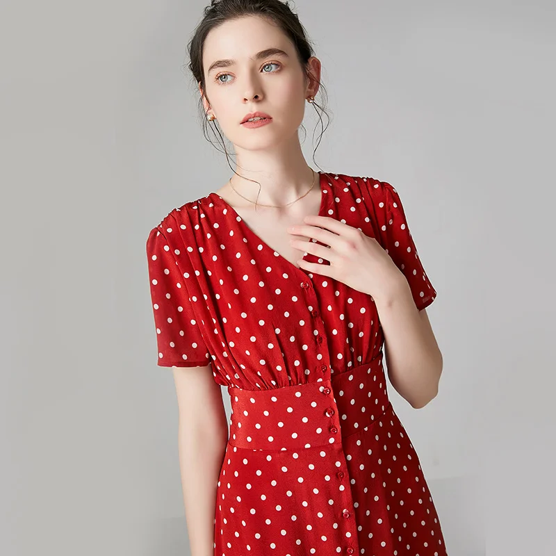 High Quality 100% Silk Dress Women Print V-Neck Short-Sleeve Lightweight Fabric Vintage Dot Casual Dress New Fashion Style 2019
High Quality 100% Silk Dress Women Print V-Neck Short-Sleeve Lightweight Fabric Vintage Dot Casual Dress New Fashion Style 2019