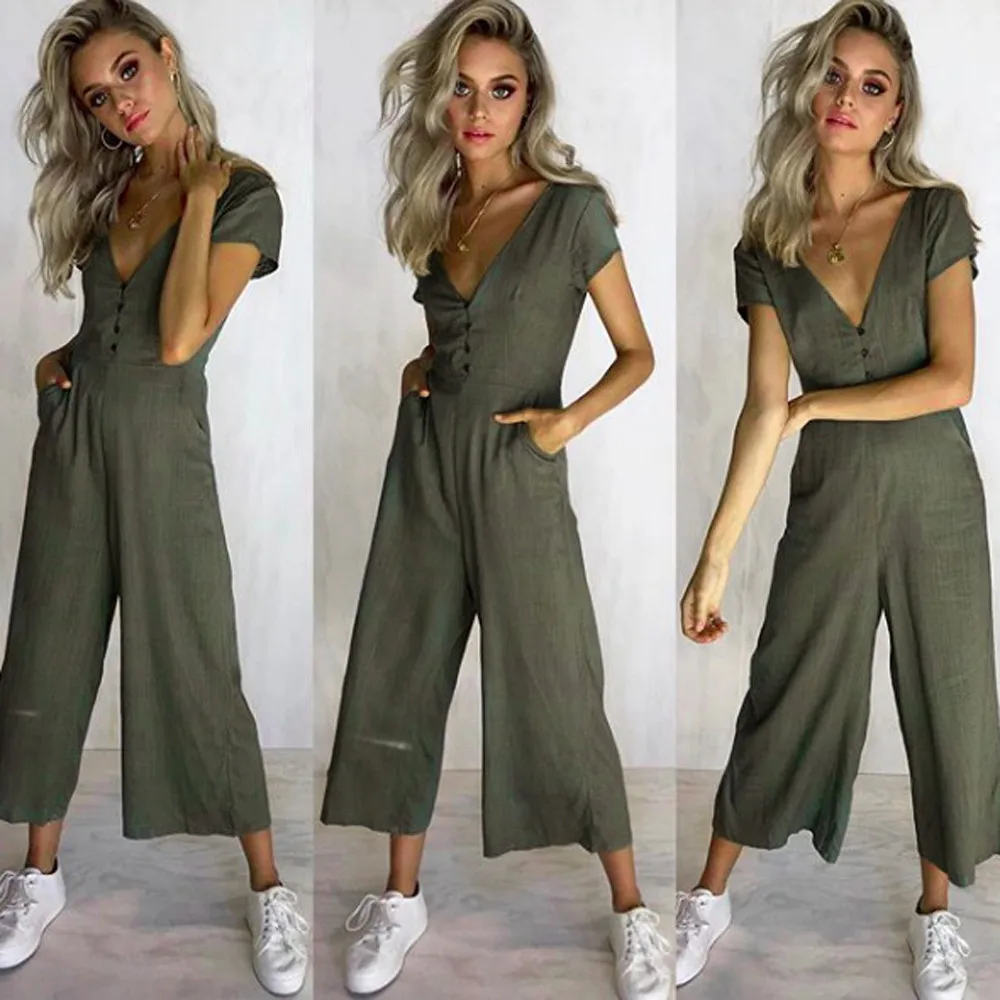  Jumpsuit Summer Women Long V-Neck Short Sleeve Wide Leg Strappy Holiday Long Playsuits Trouser Jumpsuit 2018 Jumpsuit F#J06 (9)