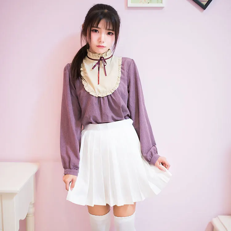 Cute Women's Maid Style Lolita Violet Blouse Long Sleeve Turtleneck Round Collar Ruffles Trim Inner Shirt Tops Kawaii
Cute Women's Maid Style Lolita Violet Blouse Long Sleeve Turtleneck Round Collar Ruffles Trim Inner Shirt Tops Kawaii