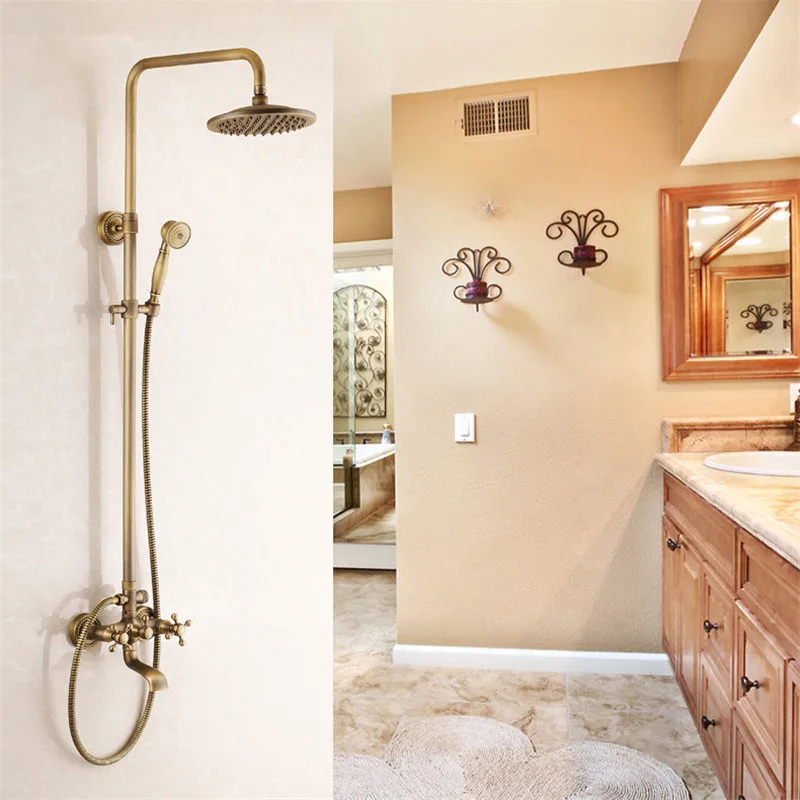 

Vidric Shower Faucets Antique Brass Shower Set Faucet Tub Mixer Tap Handheld Shower Wall Mounted Rainfall Bath Crane Shower W