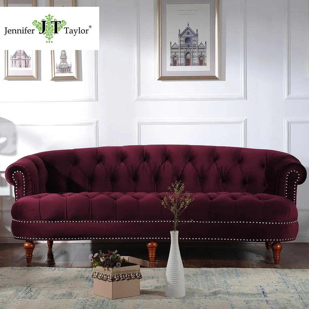 Image Jennifer Taylor, Living Room La Rosa Tawny Port Estate Blue Sofa, Velvet, Hand Tufted, Hand Applied Nail heads85