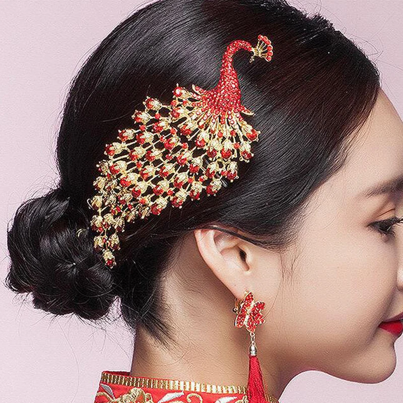 Traditional Chinese Wedding Hair Accessories Vintage Red Crystal Rhinestone Gold Peacock Bridal Hair Comb Bride Tiaras Headpiece
Traditional Chinese Wedding Hair Accessories Vintage Red Crystal Rhinestone Gold Peacock Bridal Hair Comb Bride Tiaras Headpiece