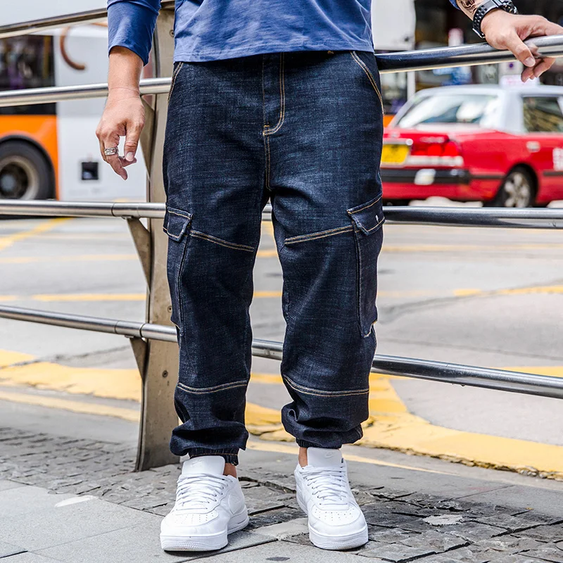2018 Mens Casual Multi Big Pockets Blue Jeans Distressed Slim Elastic Denim Biker Hip Hop Pants Large Size 30-44 46 | Мужская одежда