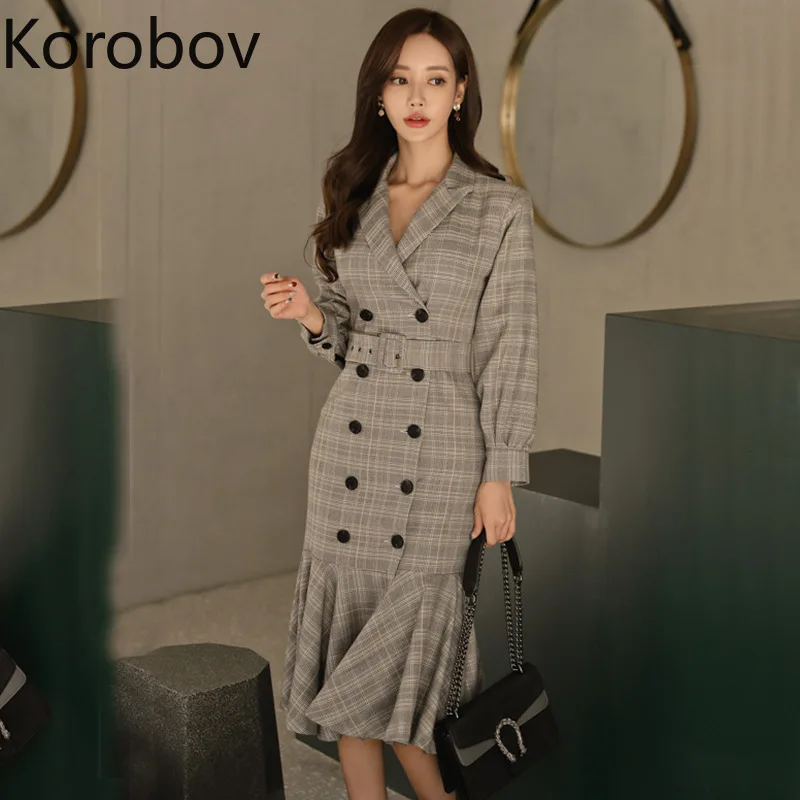Korobov Office Ladies Ruffles Plaid Long Women Dress V-neck Double Breasted Sashes Elegant Female Dress Casual Vestidos 77565
Korobov Office Ladies Ruffles Plaid Long Women Dress V-neck Double Breasted Sashes Elegant Female Dress Casual Vestidos 77565
