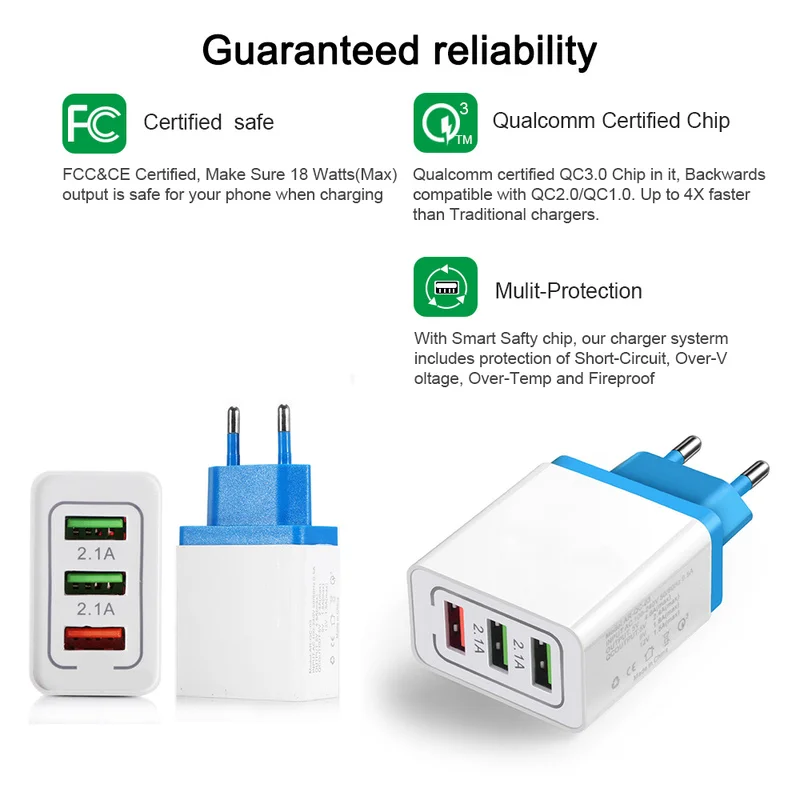 NEW Quick Charging QC 3.0 Smart Charger 3 USB Port Mobile Phone Flash Adapter EU Plug Travel 18W Portable Wall USB Charger
NEW Quick Charging QC 3.0 Smart Charger 3 USB Port Mobile Phone Flash Adapter EU Plug Travel 18W Portable Wall USB Charger