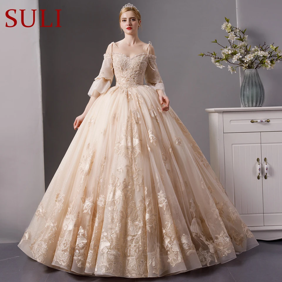 SL-1830 Top quality luxury long train wedding dress champagne color with beading 2019
SL-1830 Top quality luxury long train wedding dress champagne color with beading 2019