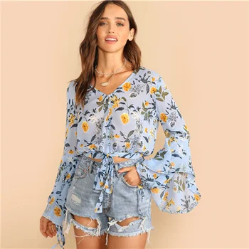 

Bell Sleeve Knot Front Botanical Print Crop Blouse 2019 Glamorous Women Blue V Neck Long Sleeve Spring Autumn Tops