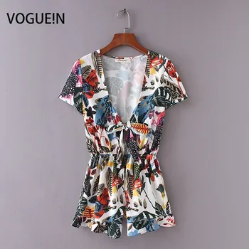 

VOGUEIN New Womens Short Sleeve Tropical Floral Print V-Neck Playsuit Jumpsuit Wholesale